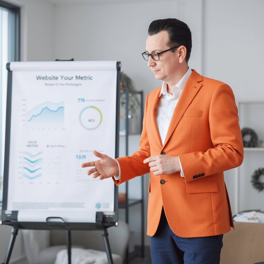 Сайты с результатом — создание и продвижение Мужчина в оранжевом пиджаке показывает графики на флипчарте, возле него значок с тремя звёздами